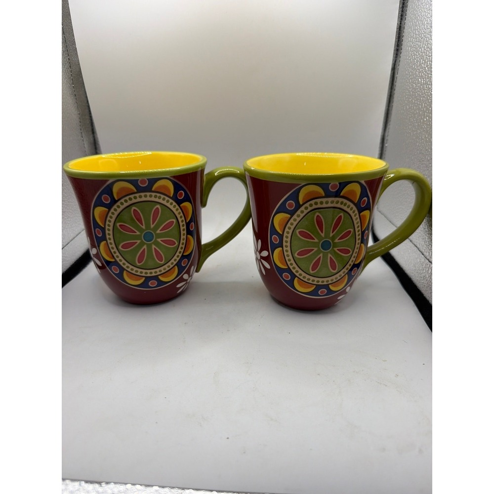 2 Pier 1 One Mexicali Ironstone Coffee Mugs Teacup Multicolor Floral